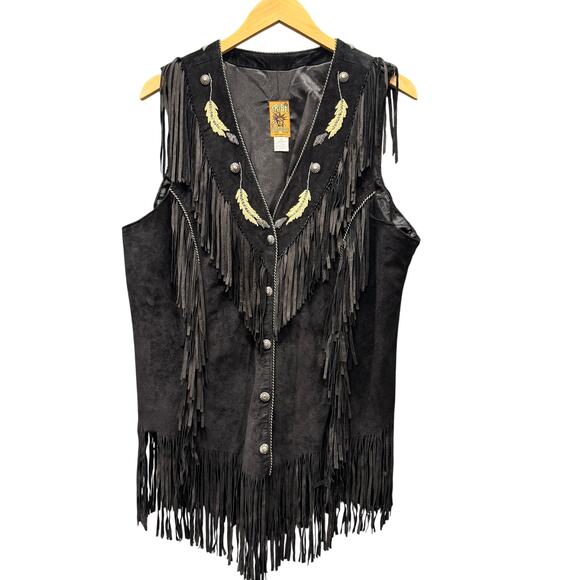 Tribe America Suede Vest Womens L/XL Black Fringe Snap Up Southwestern Beaded - Picture 1 of 7